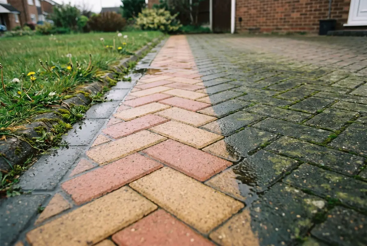 Block paved path mid-restoration, cleaned brick on one side and algae on the other