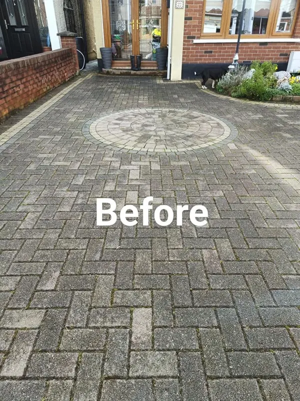 Herringbone block paving driveway dull and dirty before power washing