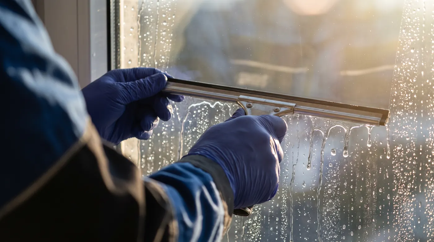 Squeegee clearing soapy water from a window pane, close up